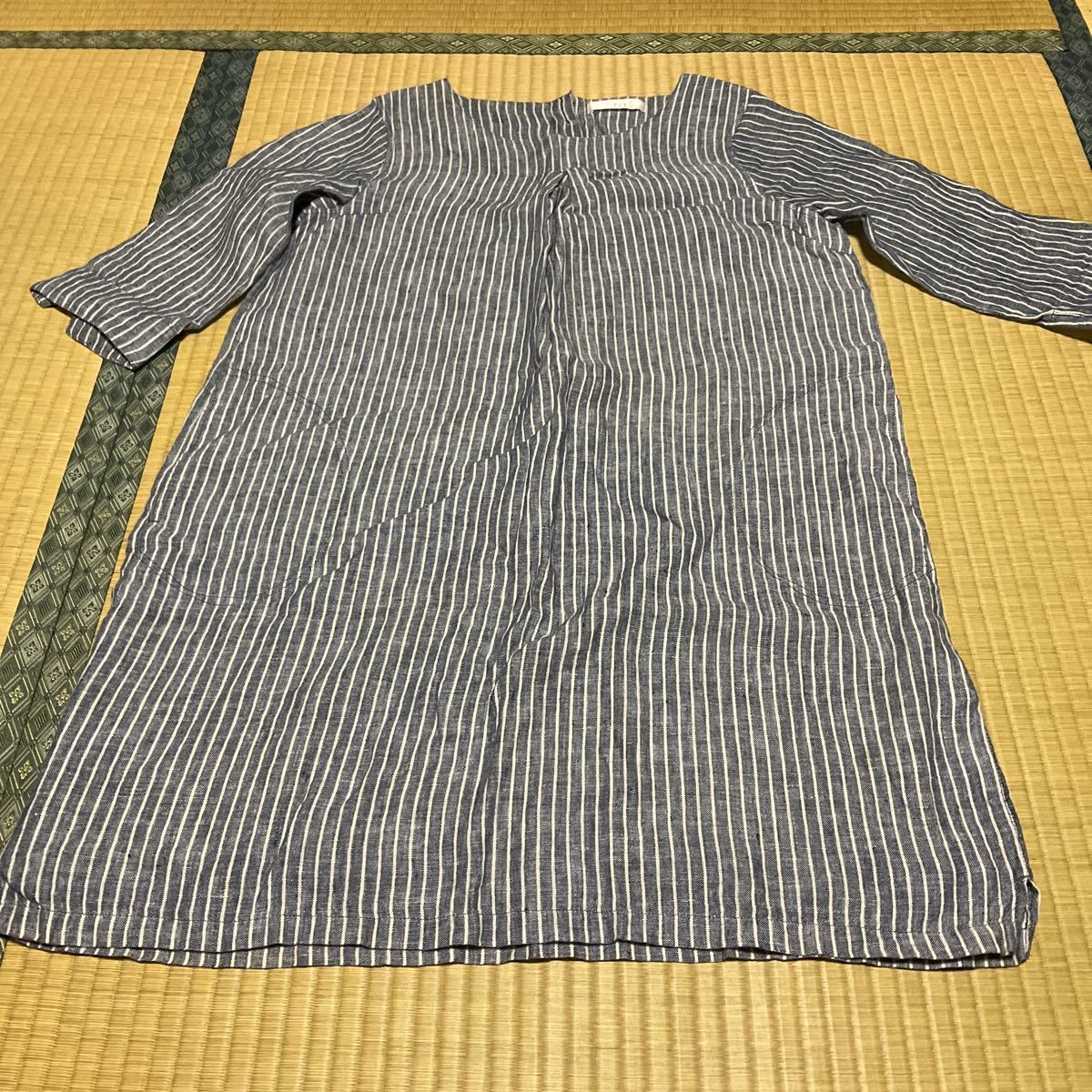 1度着用　美品　FIT ブルーグレーストライプ　七部袖　麻100％　チュニック　L_画像1