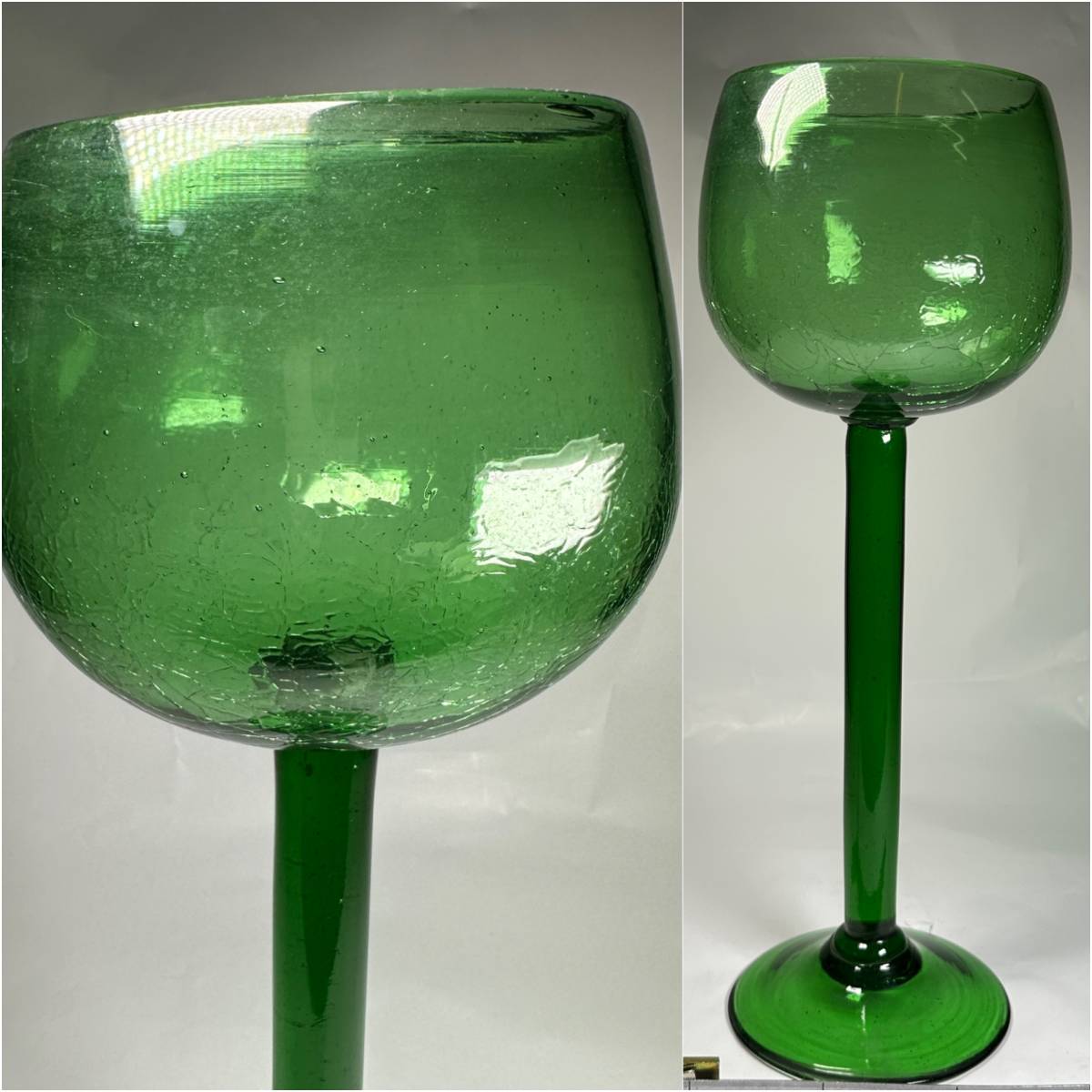 最新 ■Y ■吹きガラス　■手作り　特大　ワイングラス■　■ガラス　緑■オブジェ　　ブランデーグラス　グリーン 366S 工芸ガラス