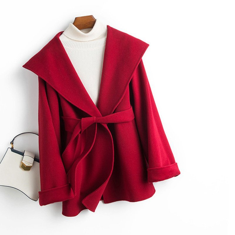 女性らしさアップ ダッフルコート カーディガン レデイース ウール100% 秋冬 フード付き トレンチコート 羽織り ゆったり 体型カバー 赤