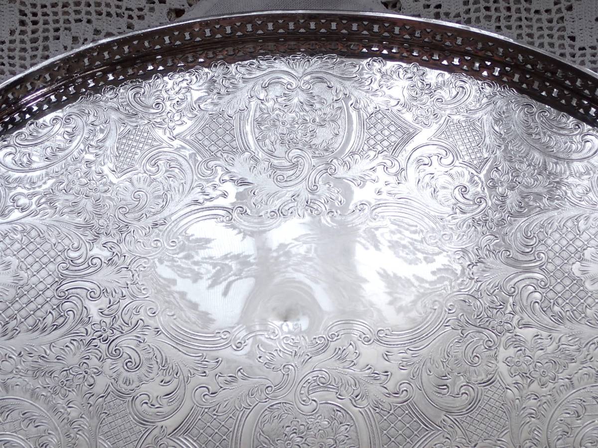 BARKER ELLIS英國古董純銀P銀橢圓桌托盤畫廊托盤水印在英格蘭製造 原文:BARKER ELLIS 英国アンティーク 純銀P シルバー 楕円形 テーブルトレイ ギャラリートレイ 透かし細工 イギリス製