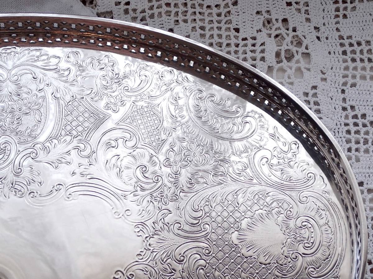 BARKER ELLIS英國古董純銀P銀橢圓桌托盤畫廊托盤水印在英格蘭製造 原文:BARKER ELLIS 英国アンティーク 純銀P シルバー 楕円形 テーブルトレイ ギャラリートレイ 透かし細工 イギリス製
