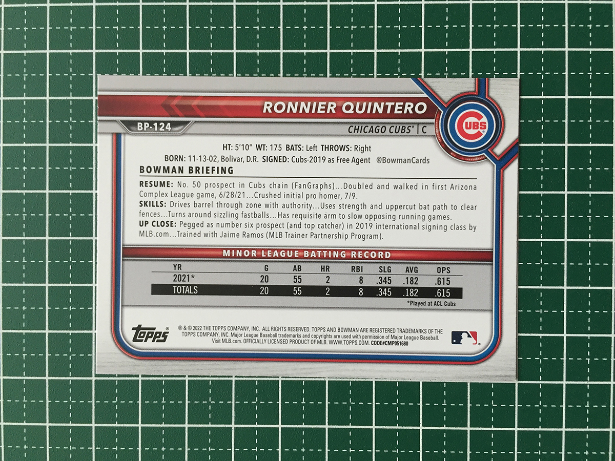 ★TOPPS MLB 2022 BOWMAN #BP-124 RONNIER QUINTERO［CHICAGO CUBS］ベースカード「PAPER PROSPECTS」「1st」★_画像2