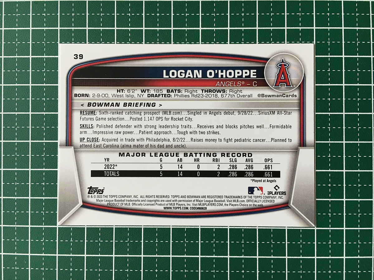 ★TOPPS MLB 2023 BOWMAN #39 LOGAN O'HOPPE［LOS ANGELES ANGELS］ベースカード「BASE」ルーキー「RC」★_画像2