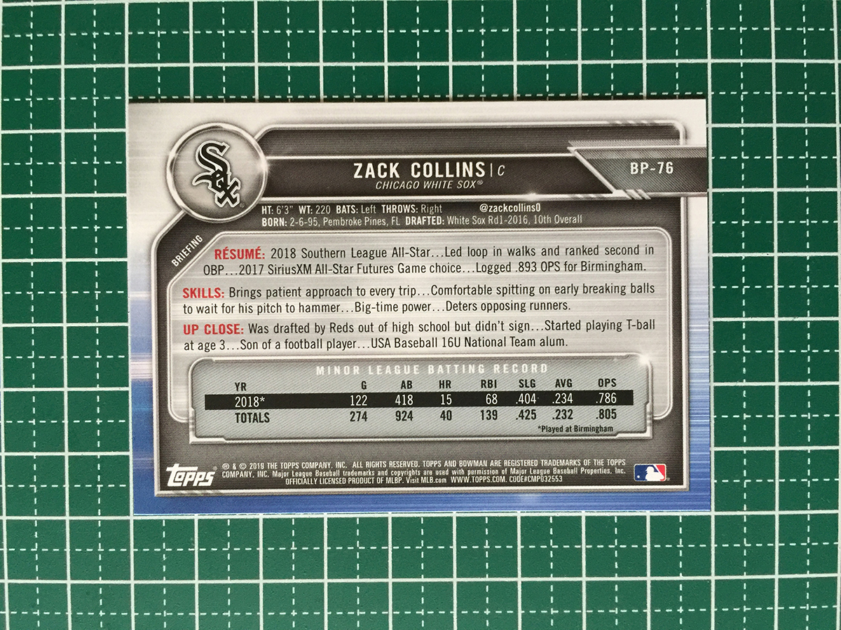 ★TOPPS MLB 2019 BOWMAN #BP-76 ZACK COLLINS［CHICAGO WHITE SOX］ベースカード「PROSPECTS」プロスペクト★_画像2