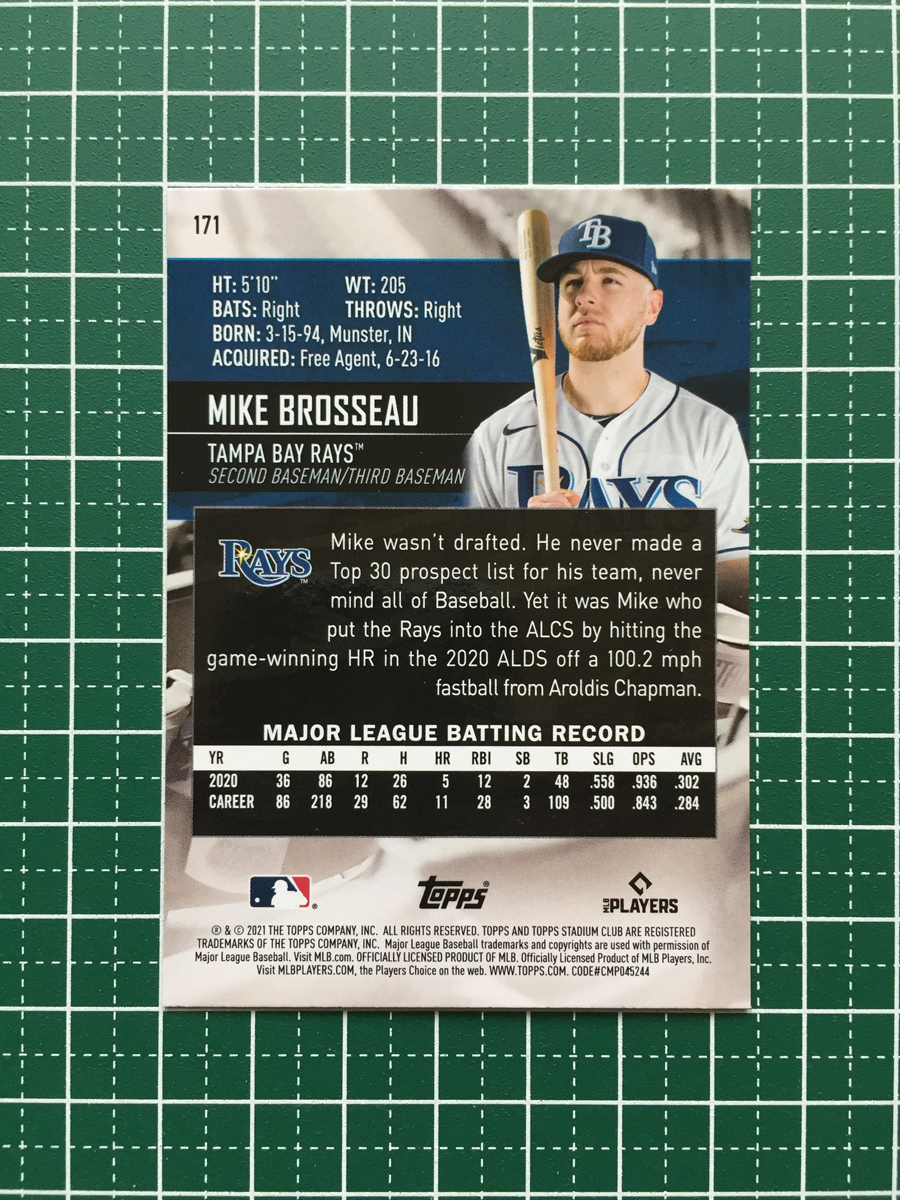 ★TOPPS MLB 2021 STADIUM CLUB #171 ブロッソー／MIKE BROSSEAU［TAMPA BAY RAYS／千葉ロッテマリーンズ］ベースカード「BASE」★_画像2