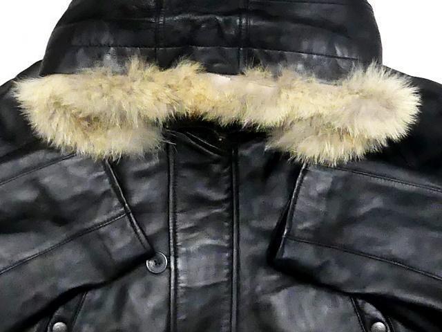 即決★L&B HOMME★メンズM オールレザー中綿ダウンジャケット エルアンドビー 黒 本革 アウター 本皮 ダウンコート 革ジャン フード ファー