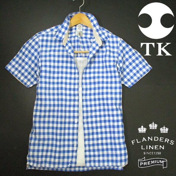  prompt decision # beautiful goods Takeo Kikuchi TK franc dozen linen flax short sleeves shirt blue white blue silver chewing gum check 2 M size TAKEO KIKUCHI