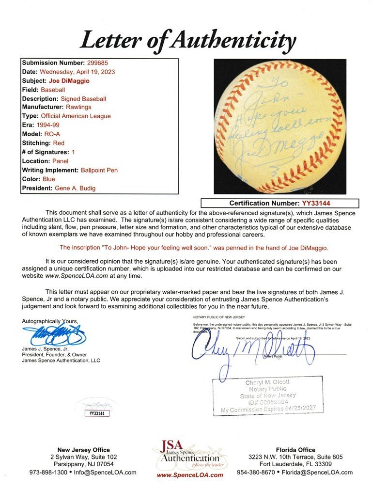 [CS].* Joe * DiMarzio autograph autograph addition in sk entering AL official ball Marilyn Monroe Hara JSA company LOA writing brush trace judgment certificate UV case attaching 