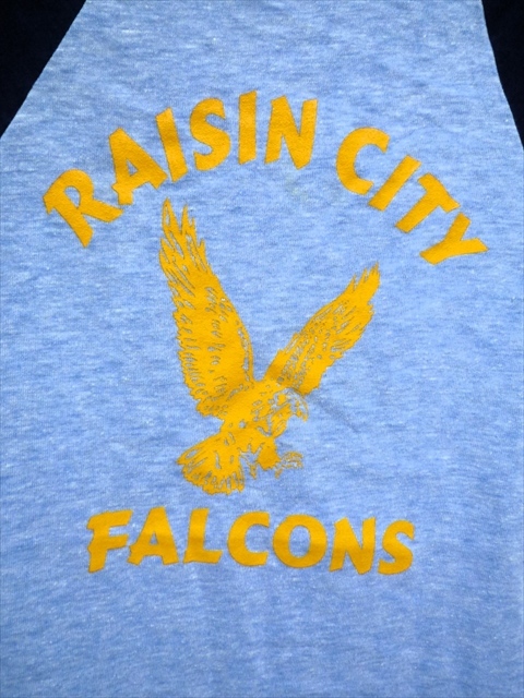 80’ｓ ビンテージ RAISIN CITY FALCONS ラグラン袖 Ｔシャツ 半袖 USA製 S 霜降り水色×ネイビー Velba Sheen ハヤブサ カレッジ系 男女兼_画像4