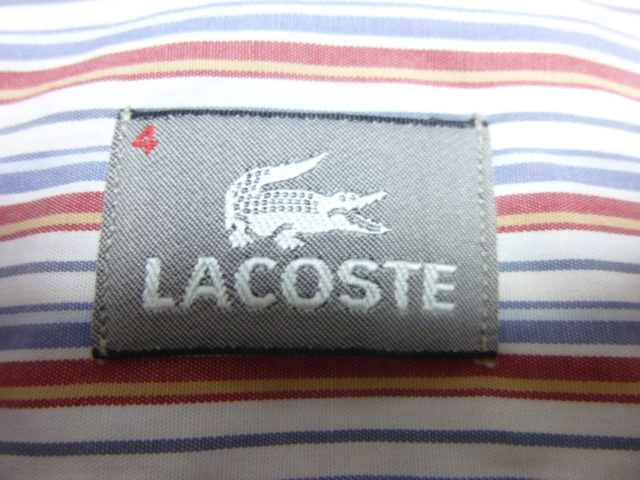 美品 LACOSTE ラコステ ボタンダウンシャツ サイズ4 白色ベースに茶＋グレーの細太ストライプ 袖先にスレほつれ有り_画像3