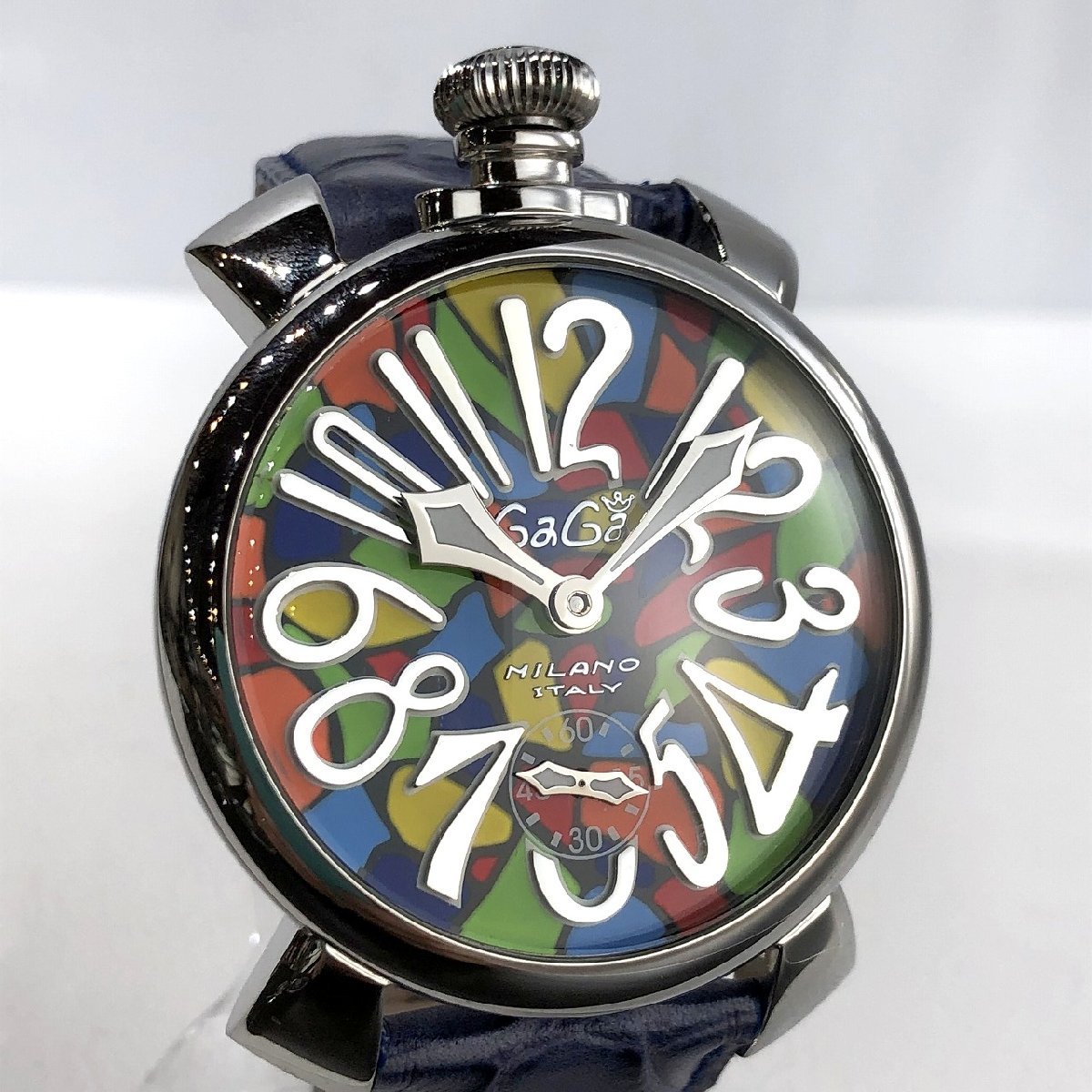 極美品 ガガミラノ モザイク マニューレ48mm マルチカラー 手巻き腕時計 5010.MOSAICO.1S クロコ型押しレザーベルト メンズ 質屋の質セブン_画像1