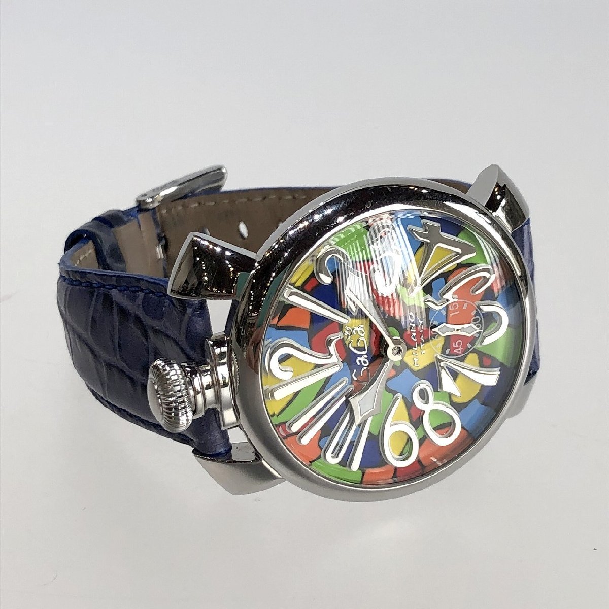 極美品 ガガミラノ モザイク マニューレ48mm マルチカラー 手巻き腕時計 5010.MOSAICO.1S クロコ型押しレザーベルト メンズ 質屋の質セブン_画像6
