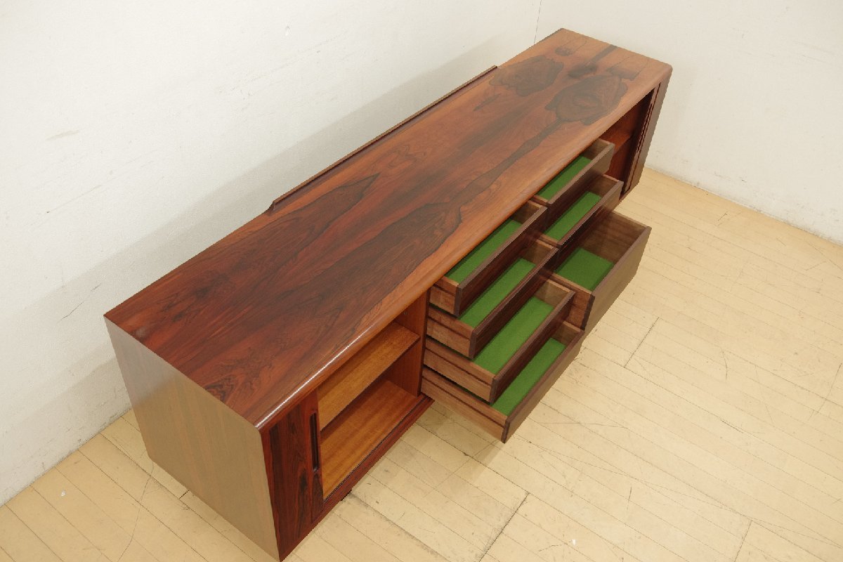  Vintage Northern Europe rose wood sideboard .. door Mid-century living board storage shelves cabinet chest width 200cm