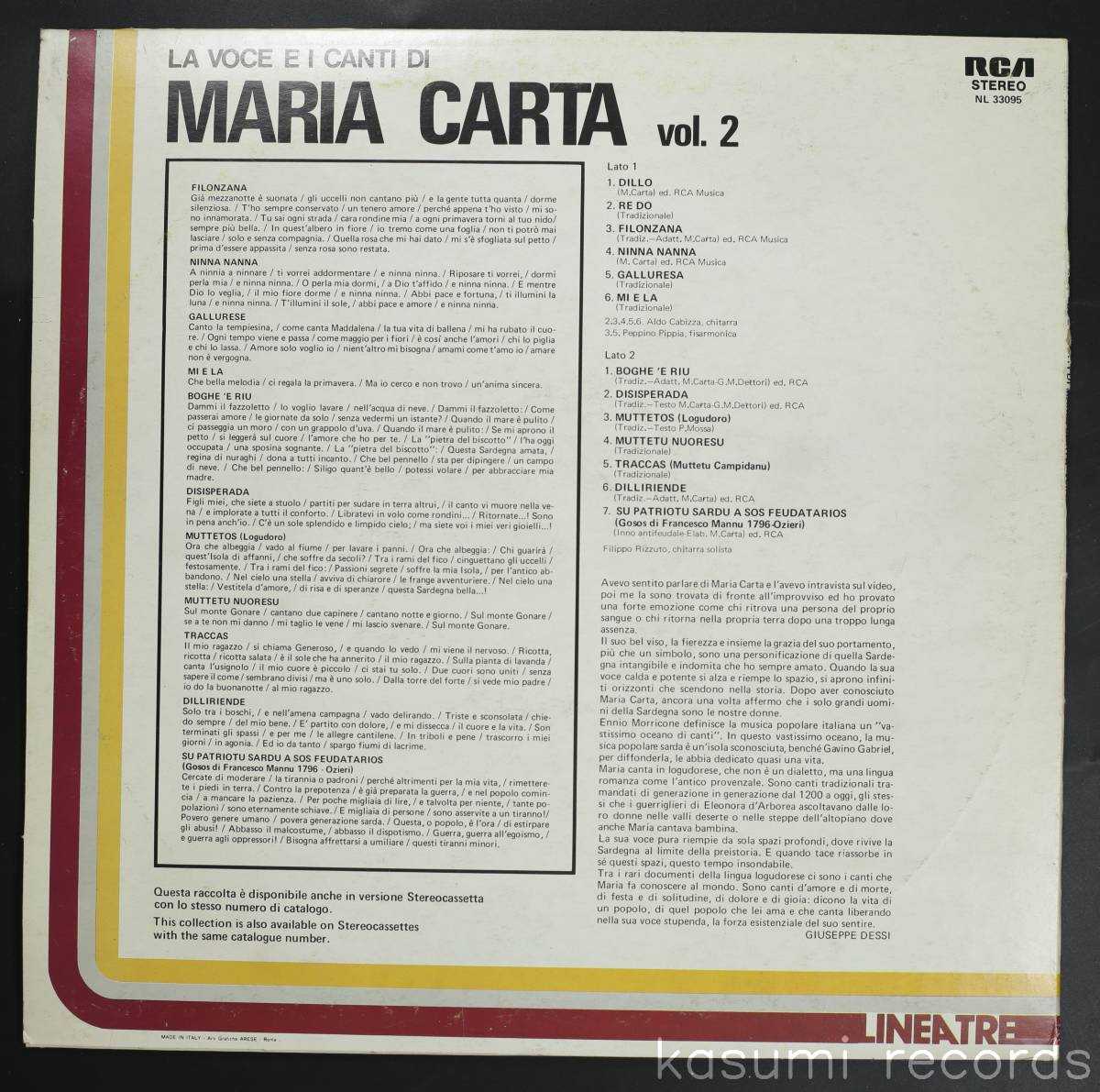 【伊盤LP】MARIA CARTA/LA VOCE E I CANTI DI MARIA CARTA VOL. 2(並品,盤良,80年ベスト,サルディーニャSSWTRAD,Italy)_画像2