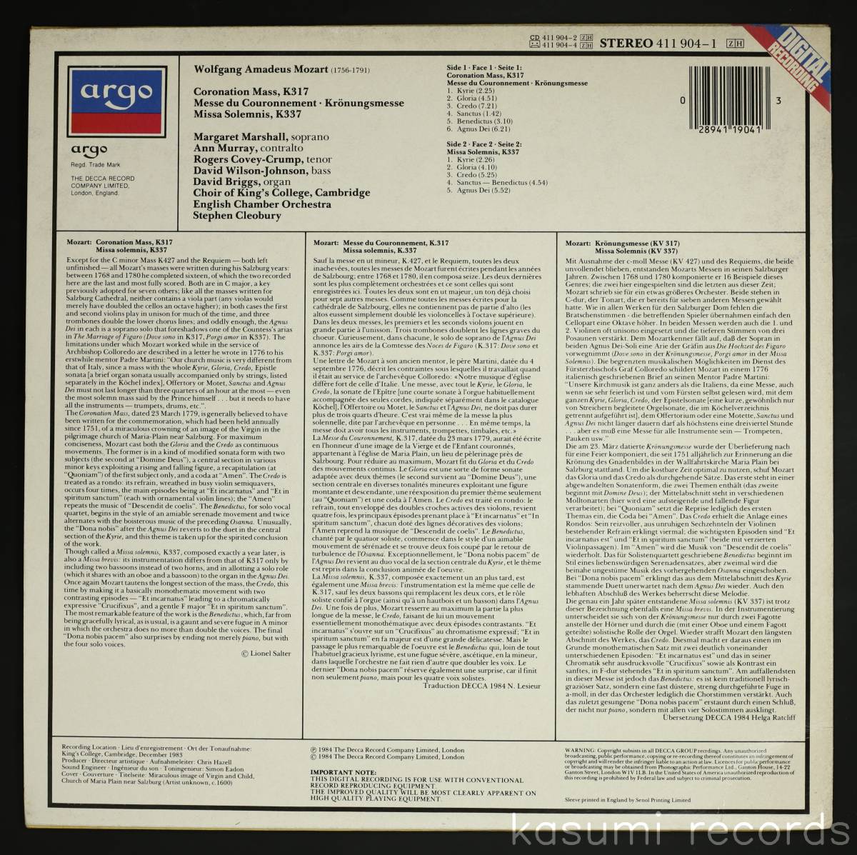 【UK盤LP】スティーヴン・クレオバリー 他/モーツァルト:戴冠ミサ(並良品,デジタル録音,84年DECCA)_画像2
