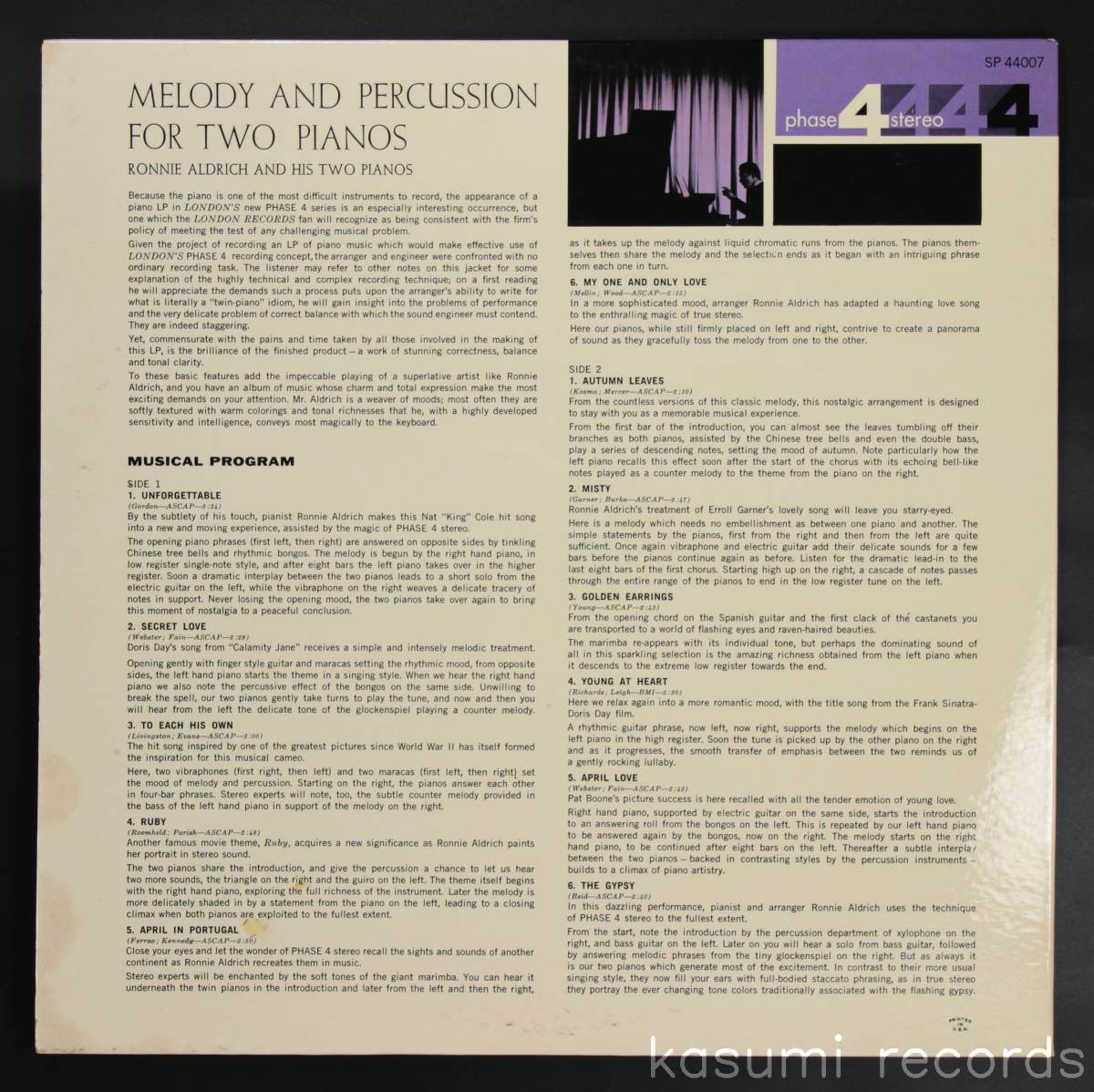 【US-ORIG.LP】RONNIE ALDRICH AND HIS TWO PIANOS/MELODY AND PERCUSSION FOR TWO PIANOS(並良品,PHASE4 STEREO,UKプレス)_画像2