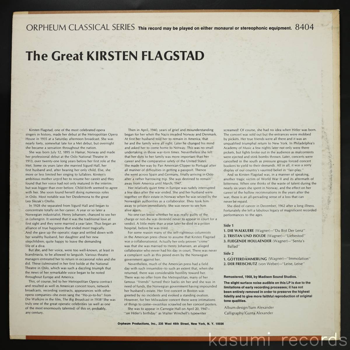 【US盤LP】キルステン・フラグスタート/GREAT KIRSTEN FLAGSTAD(並品,68年リマスター盤,ORPHEUM)_画像2
