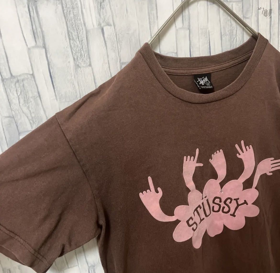 stussy ステューシー 半袖 Tシャツ デカロゴ ビッグロゴ サイズM ブラウン ハンド 送料無料