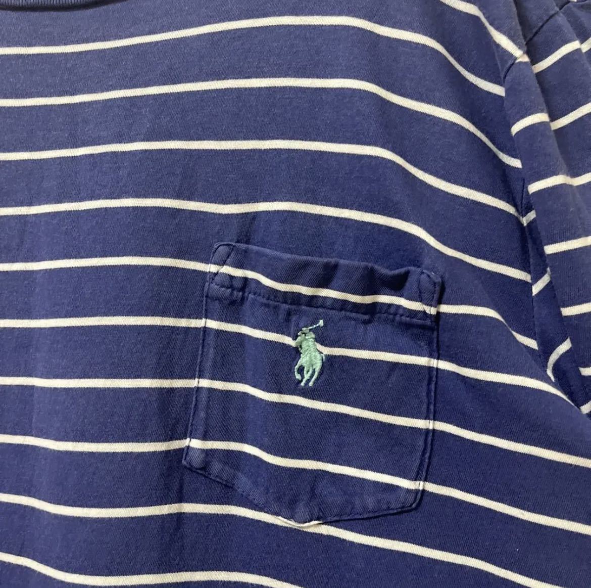 POLO RALPH LAUREN ポロ ラルフローレン 半袖 ボーダー Tシャツ ポケT サイズL シンプルロゴ ワンポイントロゴ 刺繍ロゴ ネイビー 送料無料