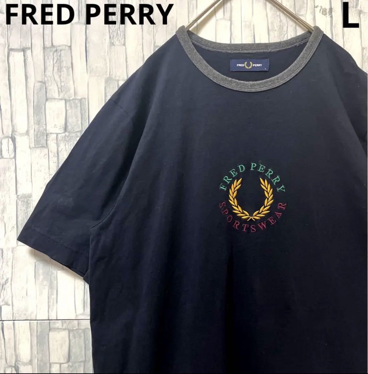 FRED PERRY Fred Perry short sleeves Lynn ga- neck T-shirt size L black te Caro go big Logo embroidery Logo center Logo free shipping 