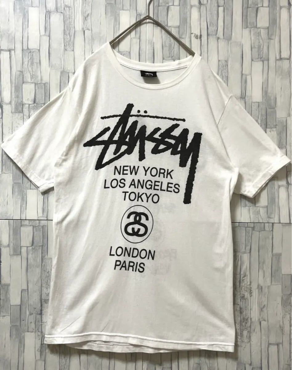 stussy ステューシー 半袖 Tシャツ ビッグロゴ デカロゴ サイズS ワールドツアー ホワイト SSリンク 両面プリント 送料無料
