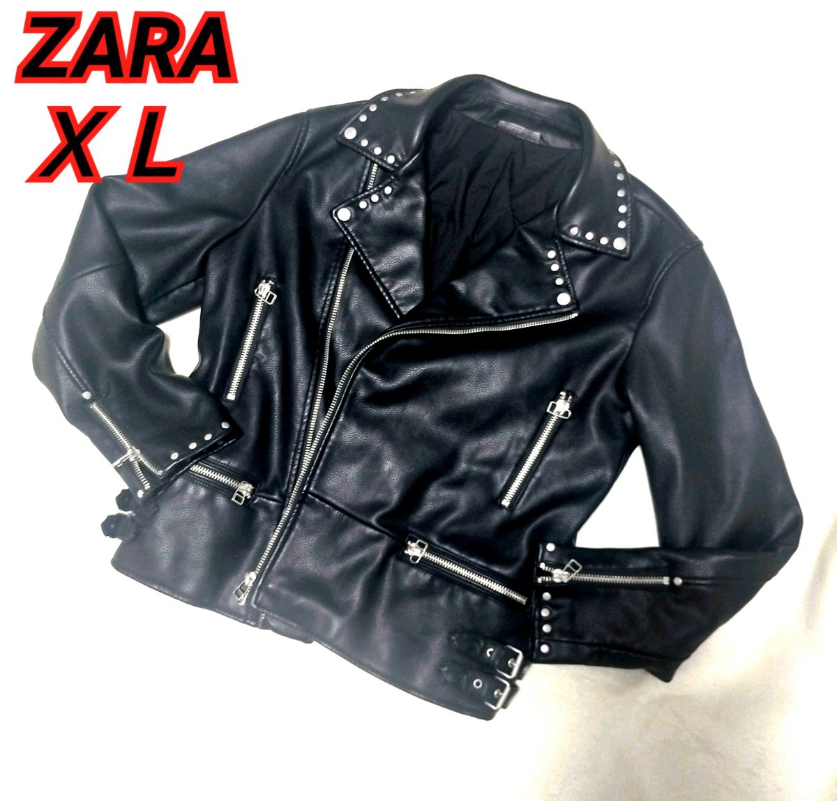 希少レア ZARA MAN バイカー スタッズ モデル XLサイズ ザラマン ライダースジャケット ブルゾン ブラック BLACK 黒 大きいサイズ LL