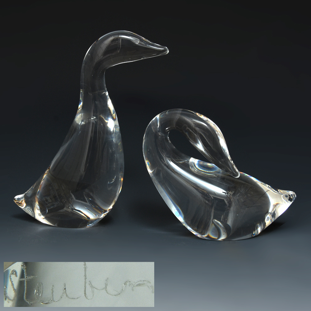 アメリカ STEUBEN GLASS スチューベンガラス スワン 置物 白鳥 二個セット クリスタル 工芸ガラス オブジェ　z5336t