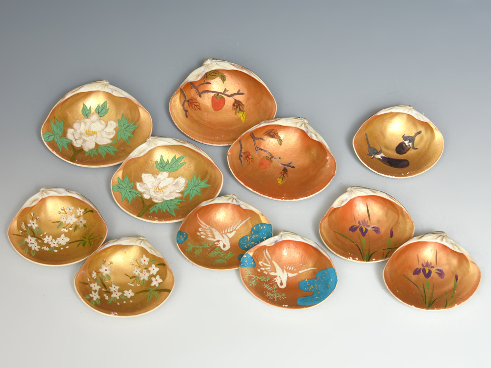 肉筆 大和絵 四季花鳥図 貝合わせ 5点セット 貝合 貝覆い 蛤合 肉筆 大和絵 四季花鳥図 貝合わせ 5点セット 貝合 貝覆い 蛤合