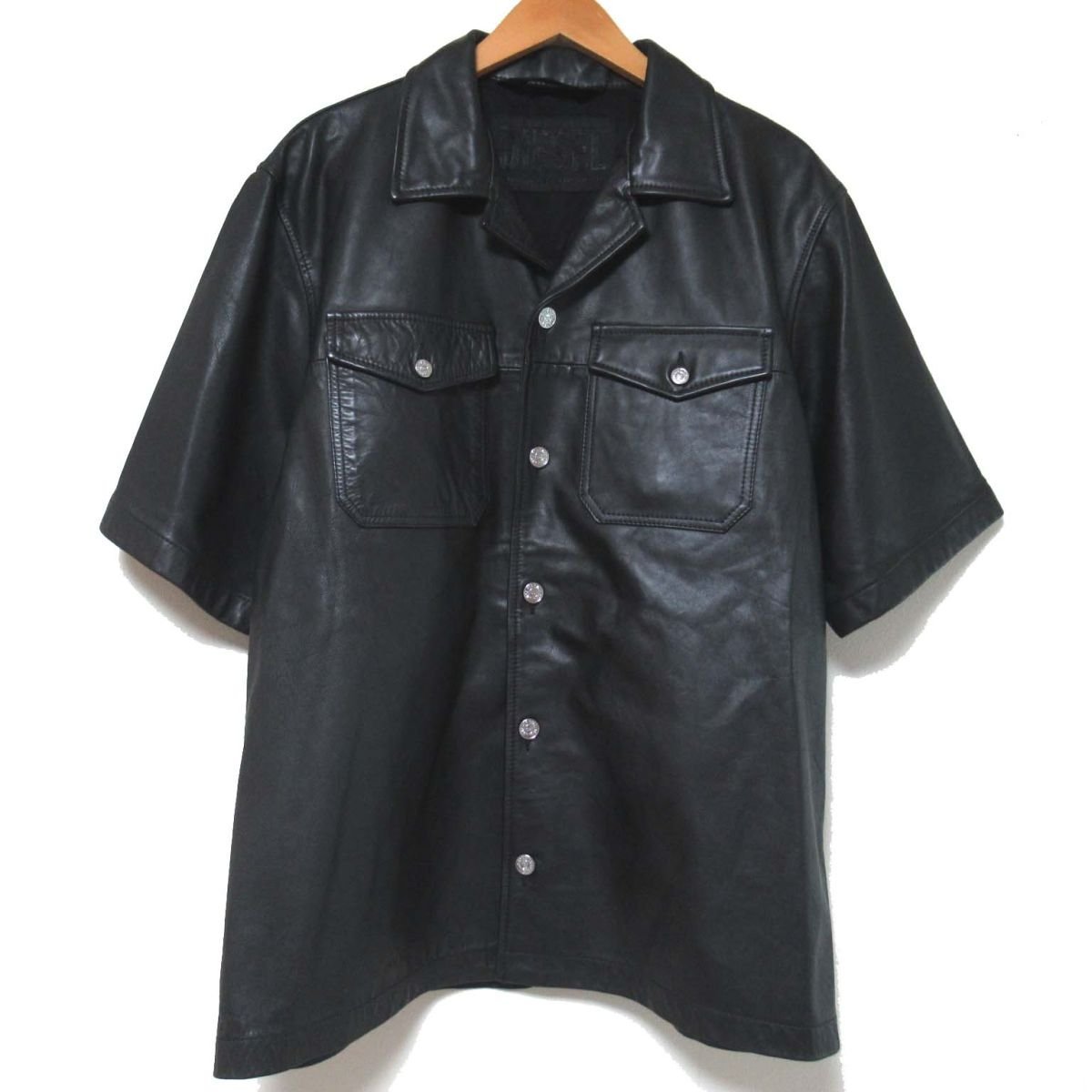美品 DIESEL ディーゼル 半袖 カウハイドレザー シャツジャケット Lサイズ 185/100A ブラック C0705
