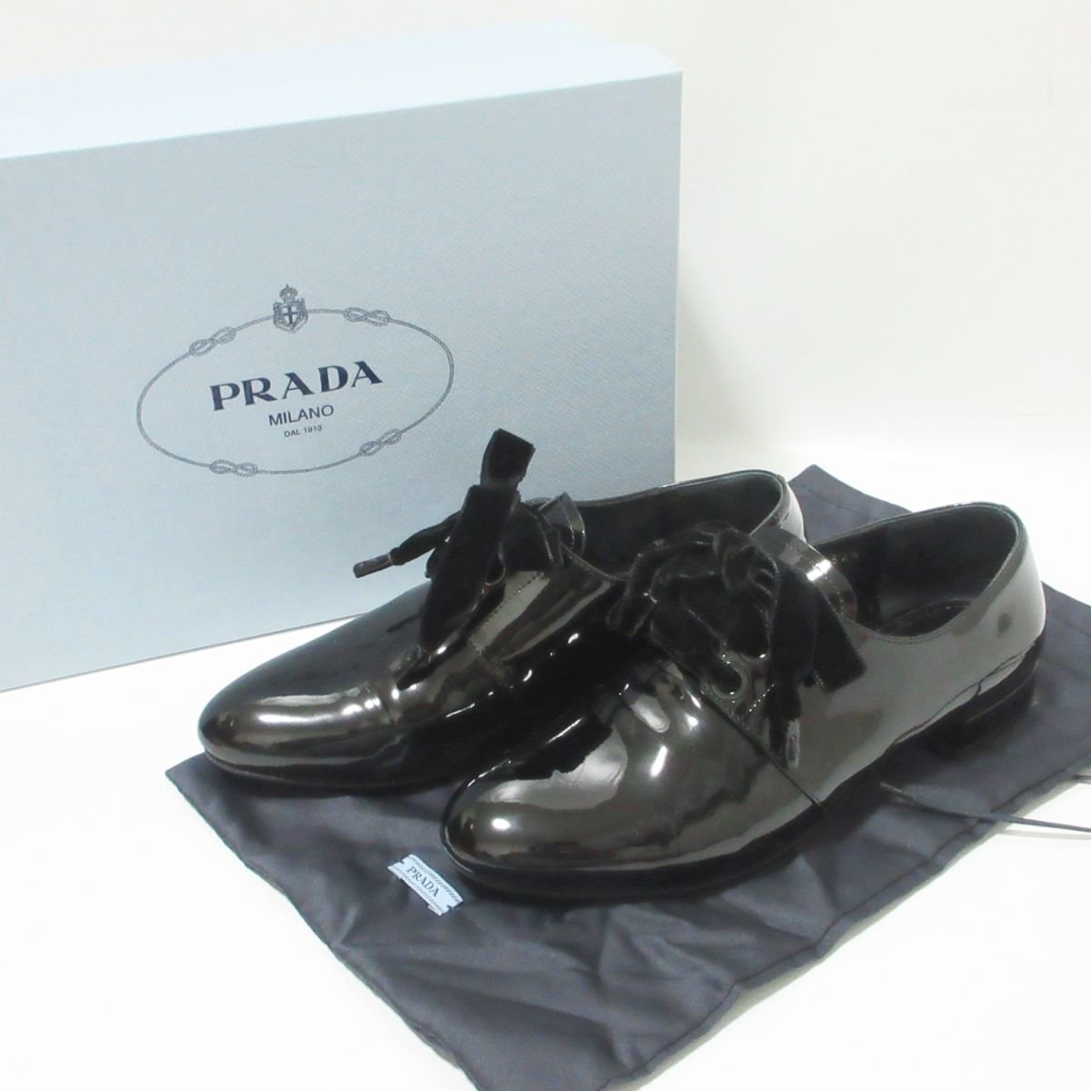 美品 PRADA プラダ エナメル レースアップシューズ ドレスシューズ 34.5 約21.5cm ブラック 801