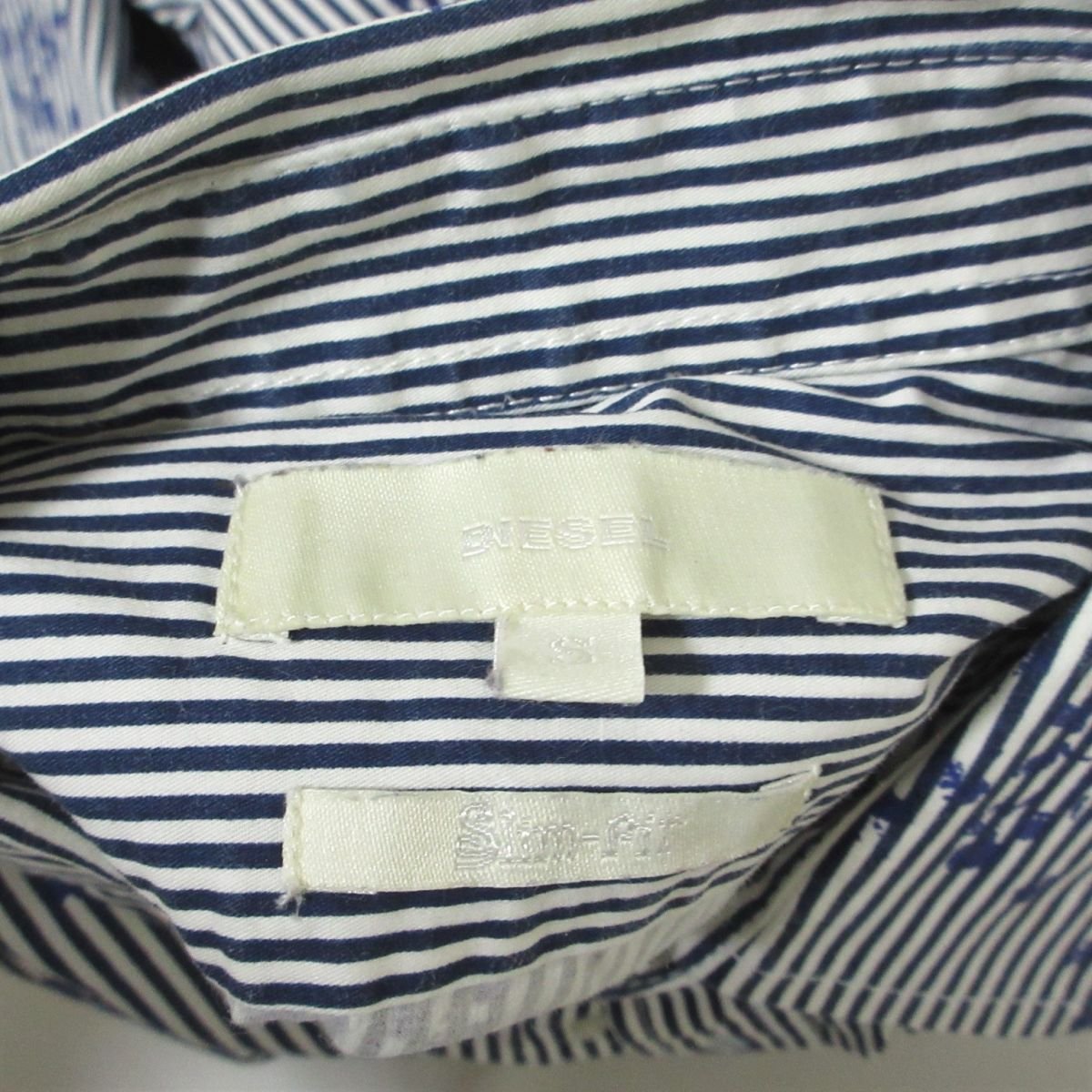 美品 DIESEL ディーゼル ストライプ×花柄 長袖 シャツ S ブルー×ホワイト 801の画像3