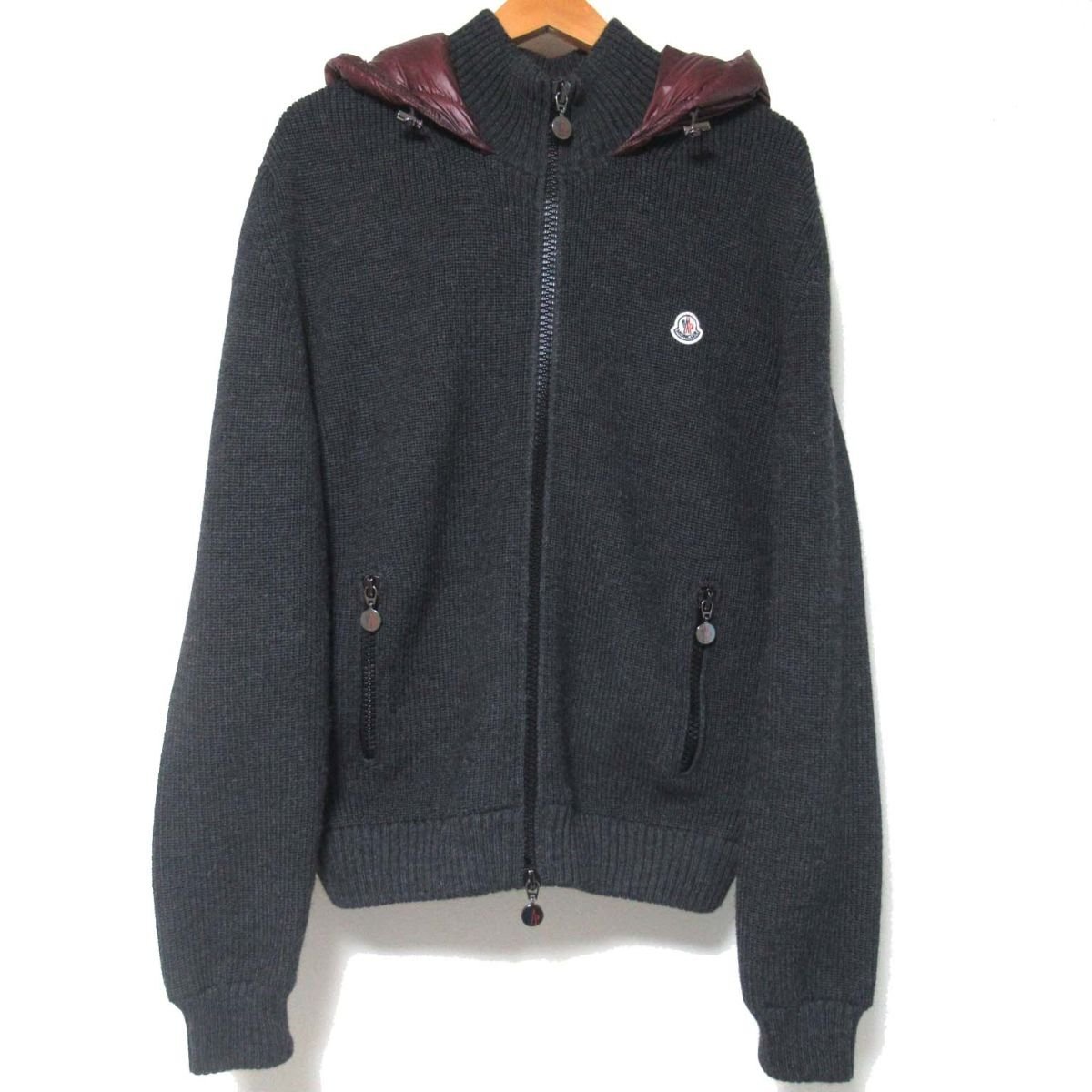 美品 MONCLER モンクレール MAGLIONE TRICOT CARDIGAN ニット×ナイロン 切り替え フーディー ダウンジャケット L グレー×ボルドー C0802