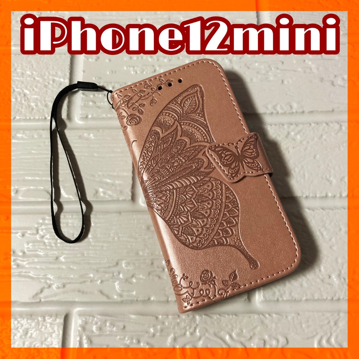 [iPhone12mini]iPhone кейс смартфон покрытие блокнот type rose Gold бабочка с ремешком . симпатичный модный Корея способ #0056C #0054