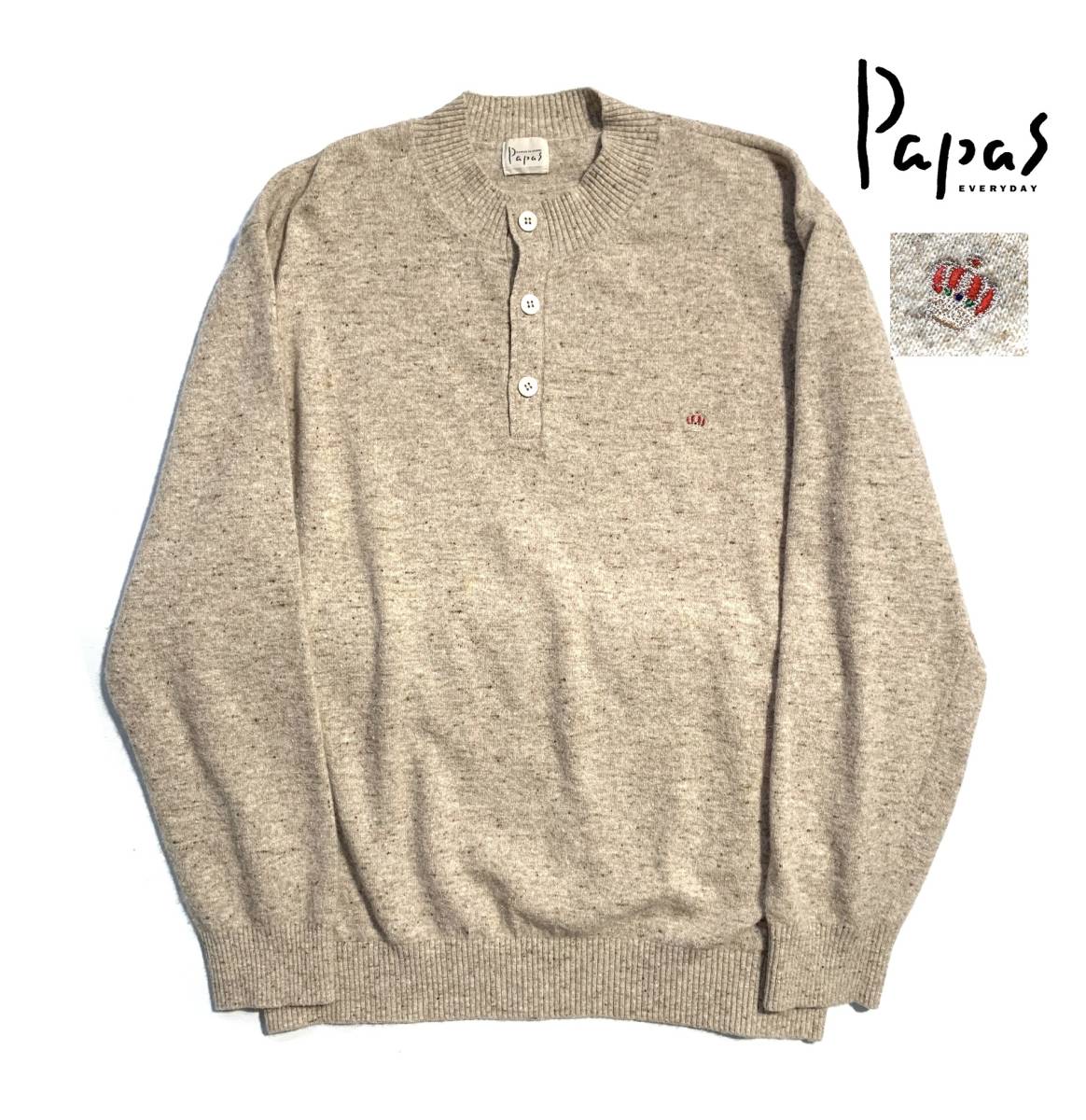 最高級【定価3万超】Papas パパス アンゴラ ニット L(50) ヘンリーネック ウール【刺繍ロゴ】送料520円 セーター 着心地抜群 メンズ 日本製