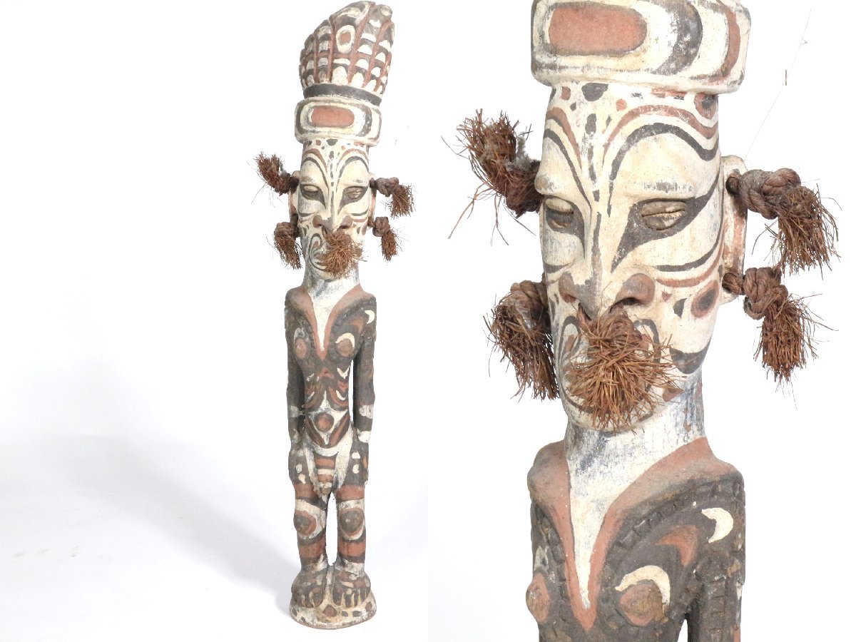 【在庫有】 パプアニューギニア 民族美術 精霊像 貝象嵌 彩色木彫 プリミティブアート 男性像 部族 オブジェ オブジェ