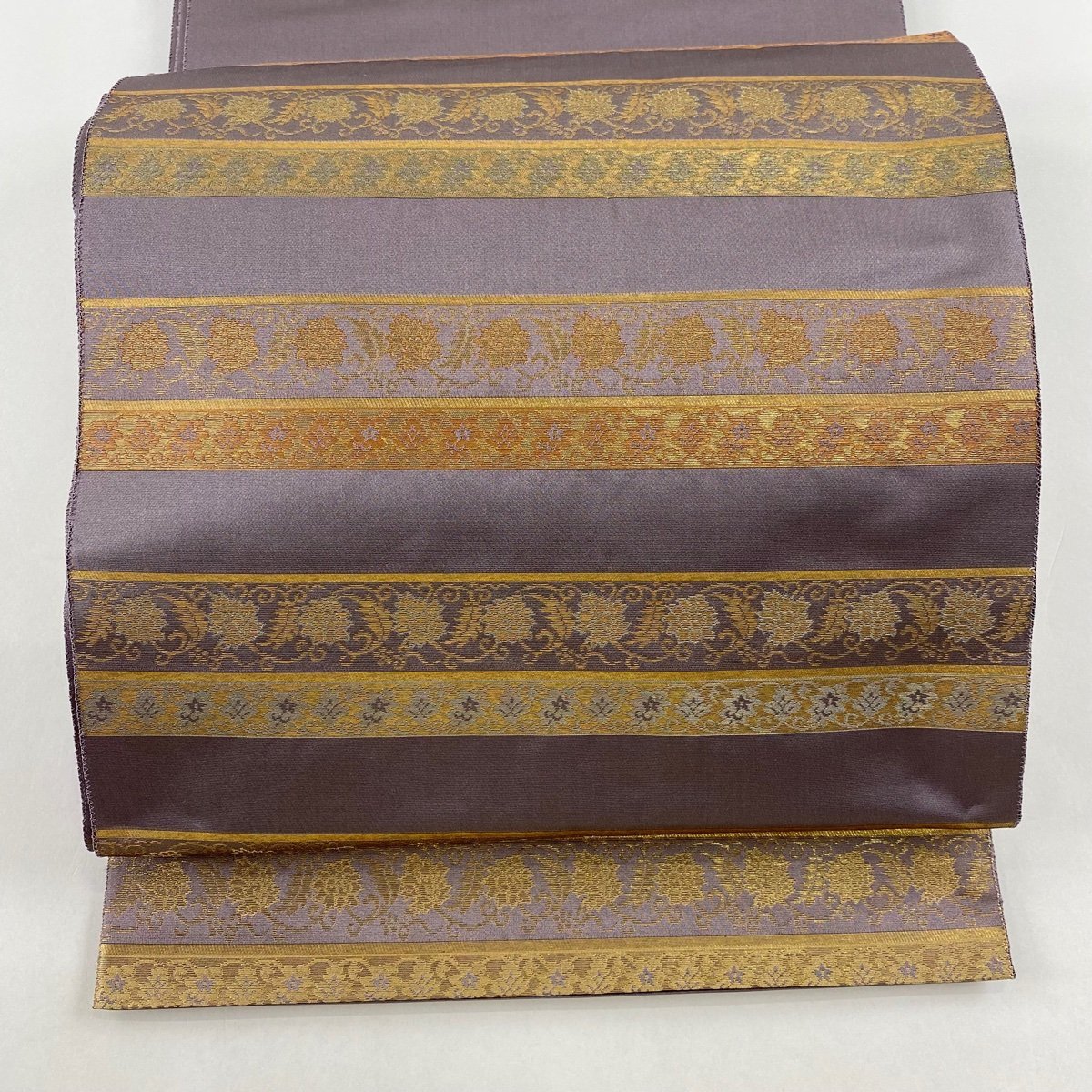 定番のお歳暮 薄紫 箔 花唐草 段縞 箔屋清兵衛 秀品 美品 袋帯 お太鼓