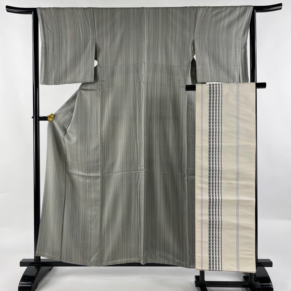高品質】 裄丈63cm 身丈159.5cm 袷 灰緑 縦縞 名古屋帯セット 秀品