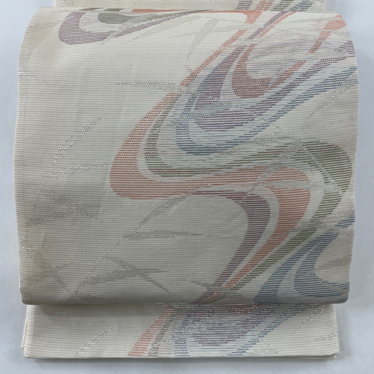 激安ブランド 夏帯 秀品 美品 袋帯 絽 【中古】 正絹 六通 クリーム 箔 流水 葉 仕立て上がり