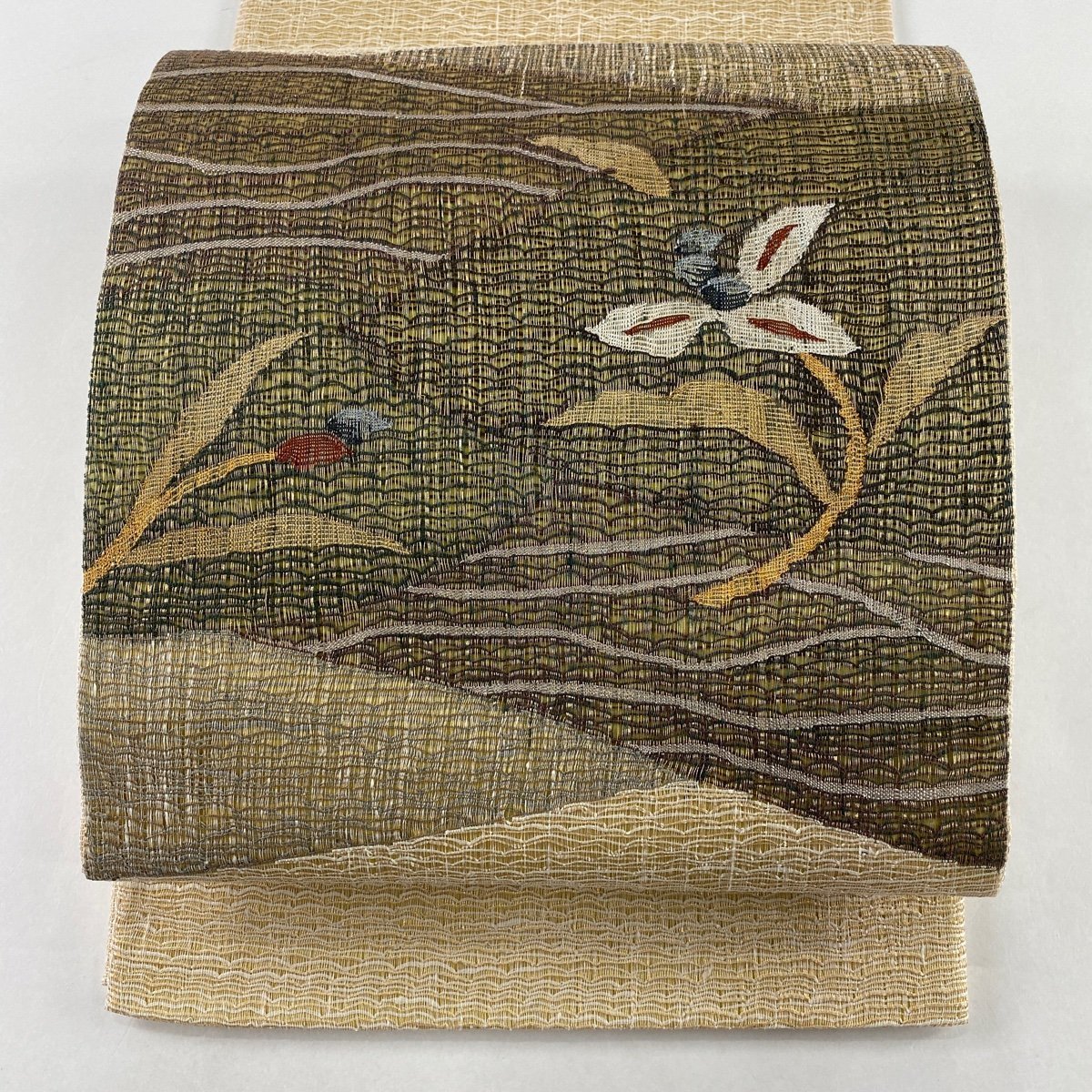信頼 袋帯 【中古】 正絹 お太鼓柄 ベージュ 金糸 草花 秀品 美品