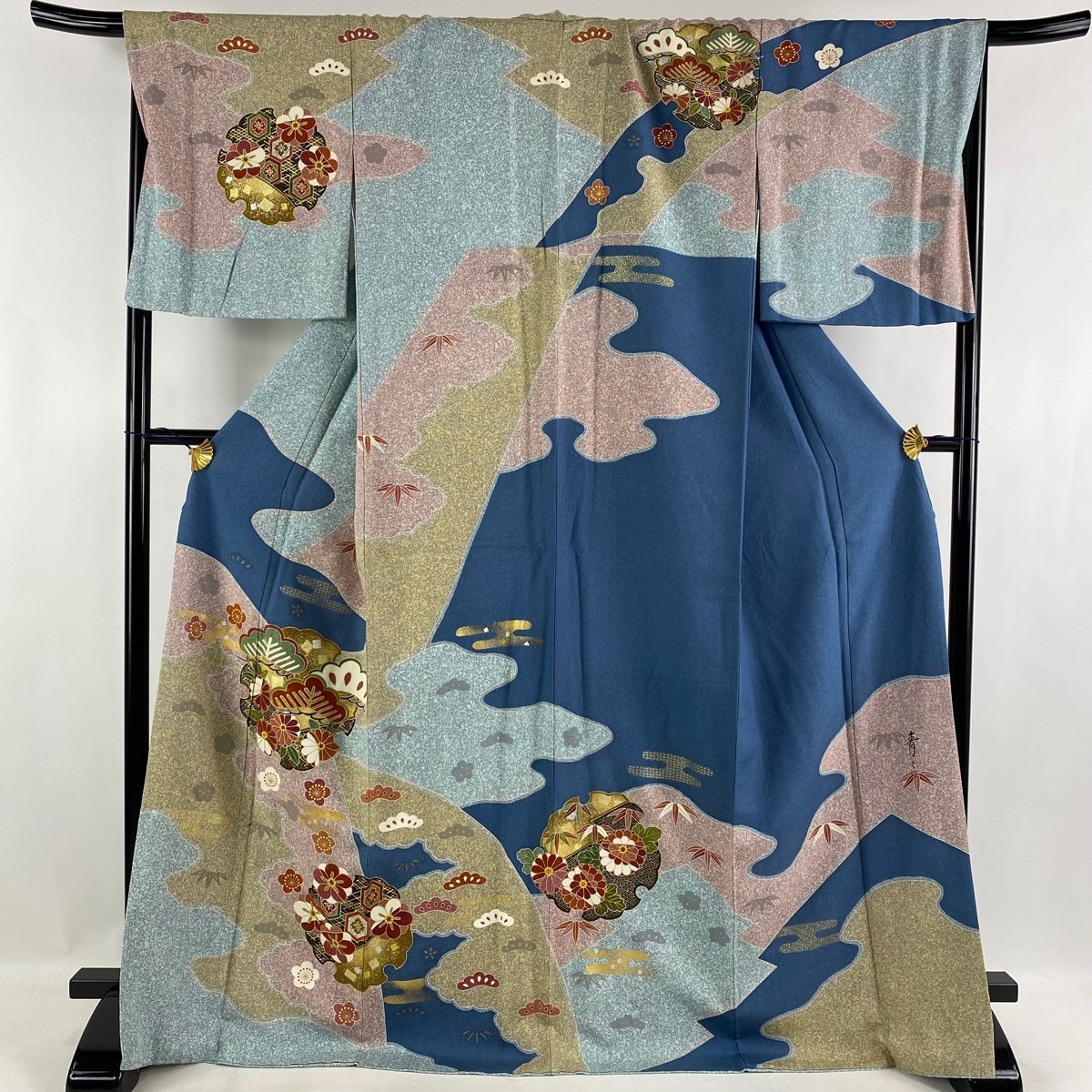 売れ筋】 訪問着 【中古】 正絹 L 裄丈69cm 身丈172.5cm 袷 水色 金銀