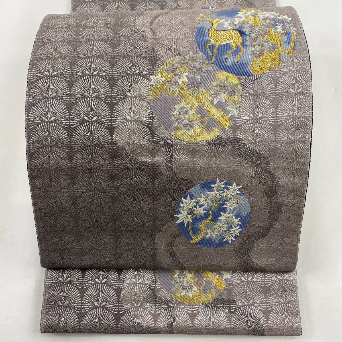 在庫僅少】 楓 鹿 秀品 美品 袋帯 金銀糸 【中古】 正絹 六通 灰紫 箔
