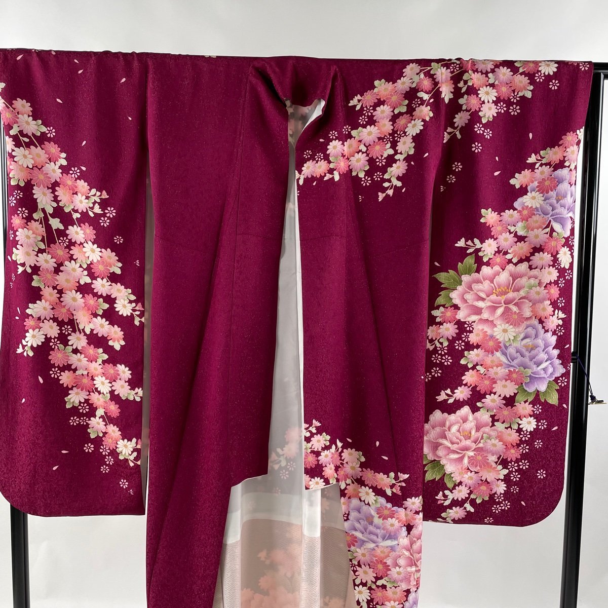 70%OFF】 金糸 銀通し 草花 蝶 落款 袷 M 裄丈67cm 身丈167cm 振袖 赤