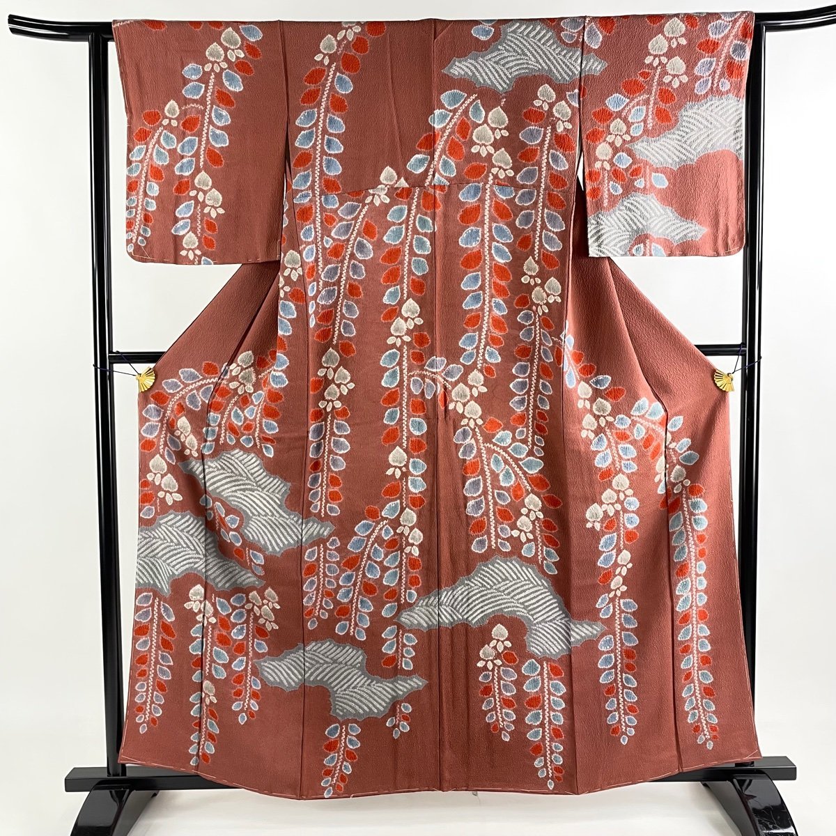 予約中!】 正絹 茜色 絞り 葉柄 逆さ雲取り 袷 S 裄丈63cm 身丈159.5