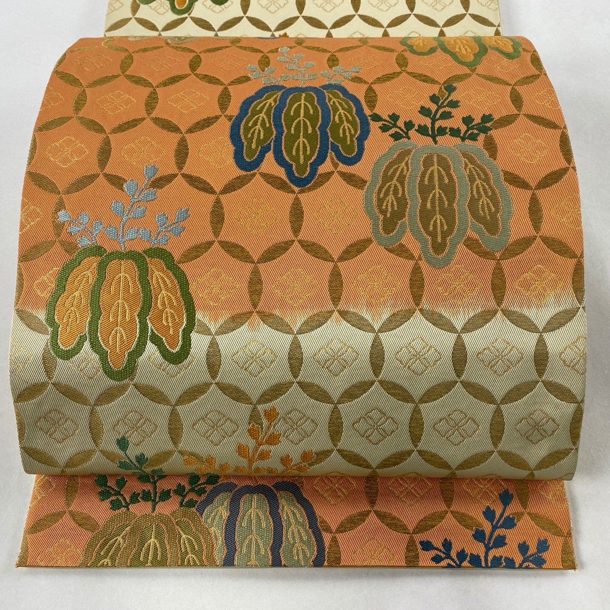 訳あり 逸品 美品 袋帯 落款 【中古】 正絹 六通 オレンジ 箔 花菱 桐
