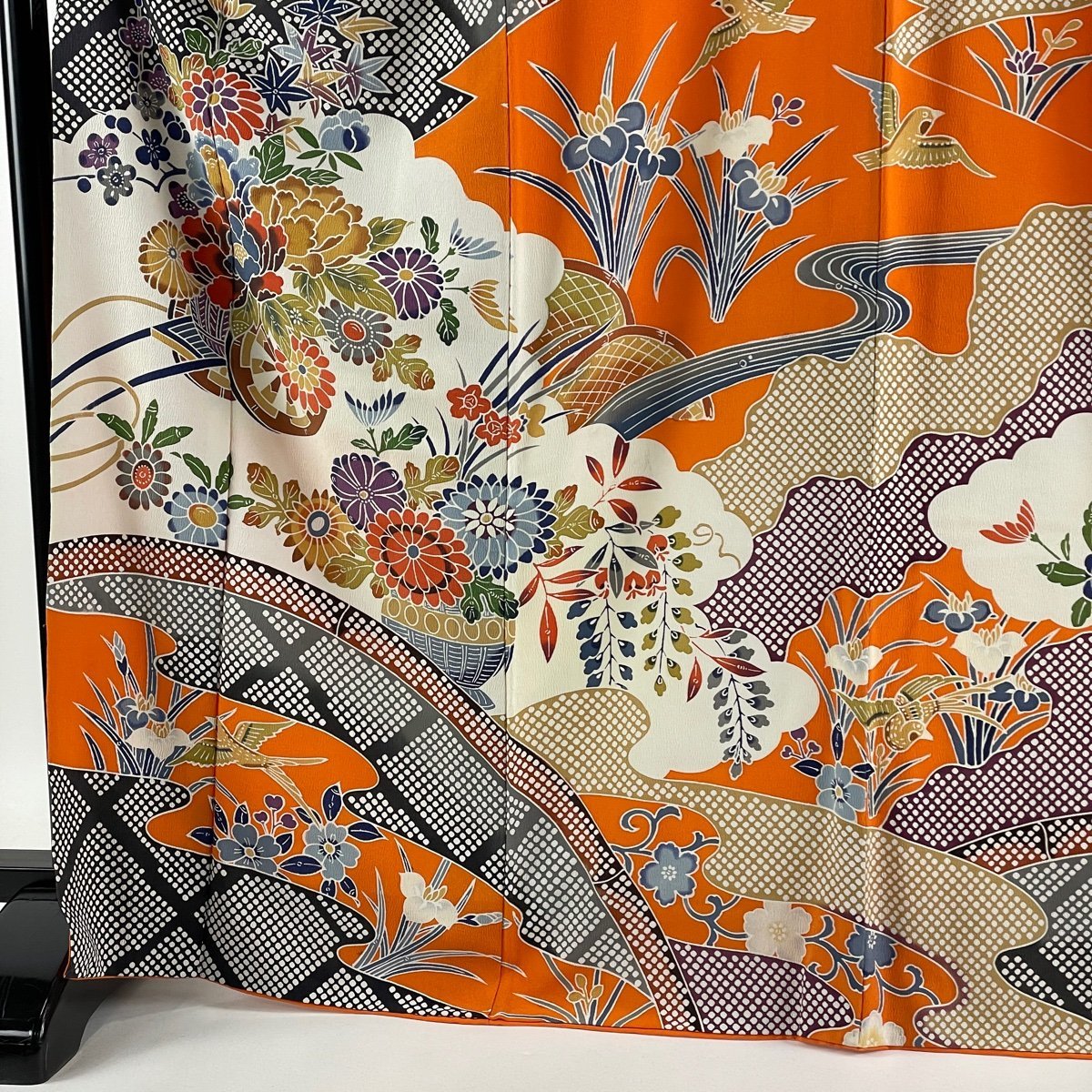 100%正規品 身丈167.5cm 袷 オレンジ 鳥 花車 名品 振袖 裄丈64cm