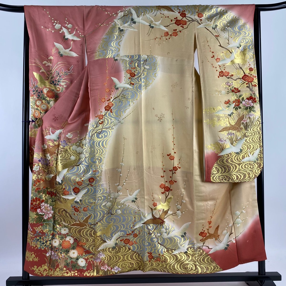 70％OFF】 袷 ピンク 金彩 金糸 枝梅 鶴 名品 振袖 身丈154.5cm 【中古