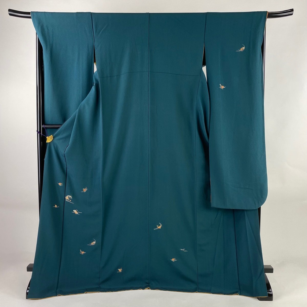 今季一番 金糸 刺繍 松葉 草花 袷 L 裄丈69cm 身丈172cm 振袖 青緑