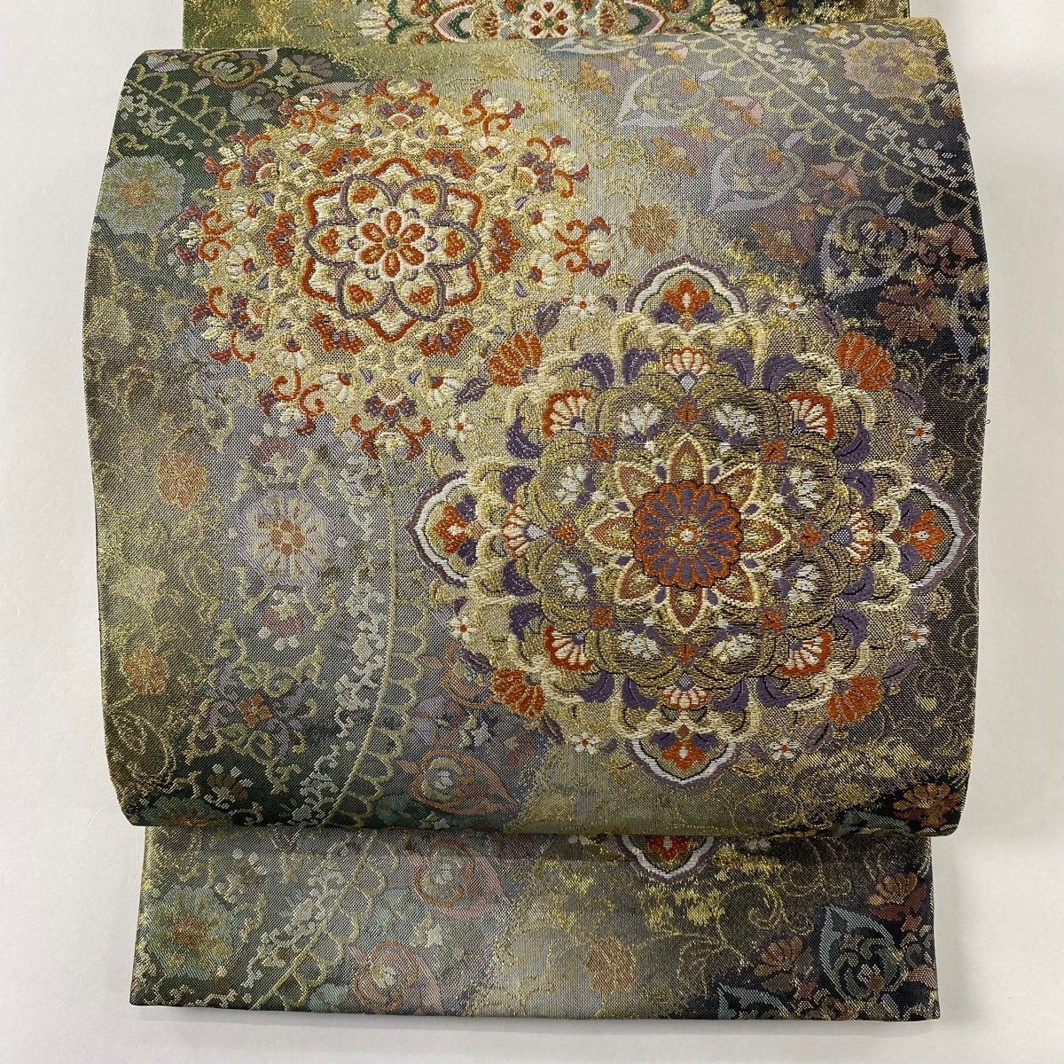 美品】 花唐草 華文 秀品 美品 袋帯 箔 【中古】 正絹 六通 濃紺 金糸