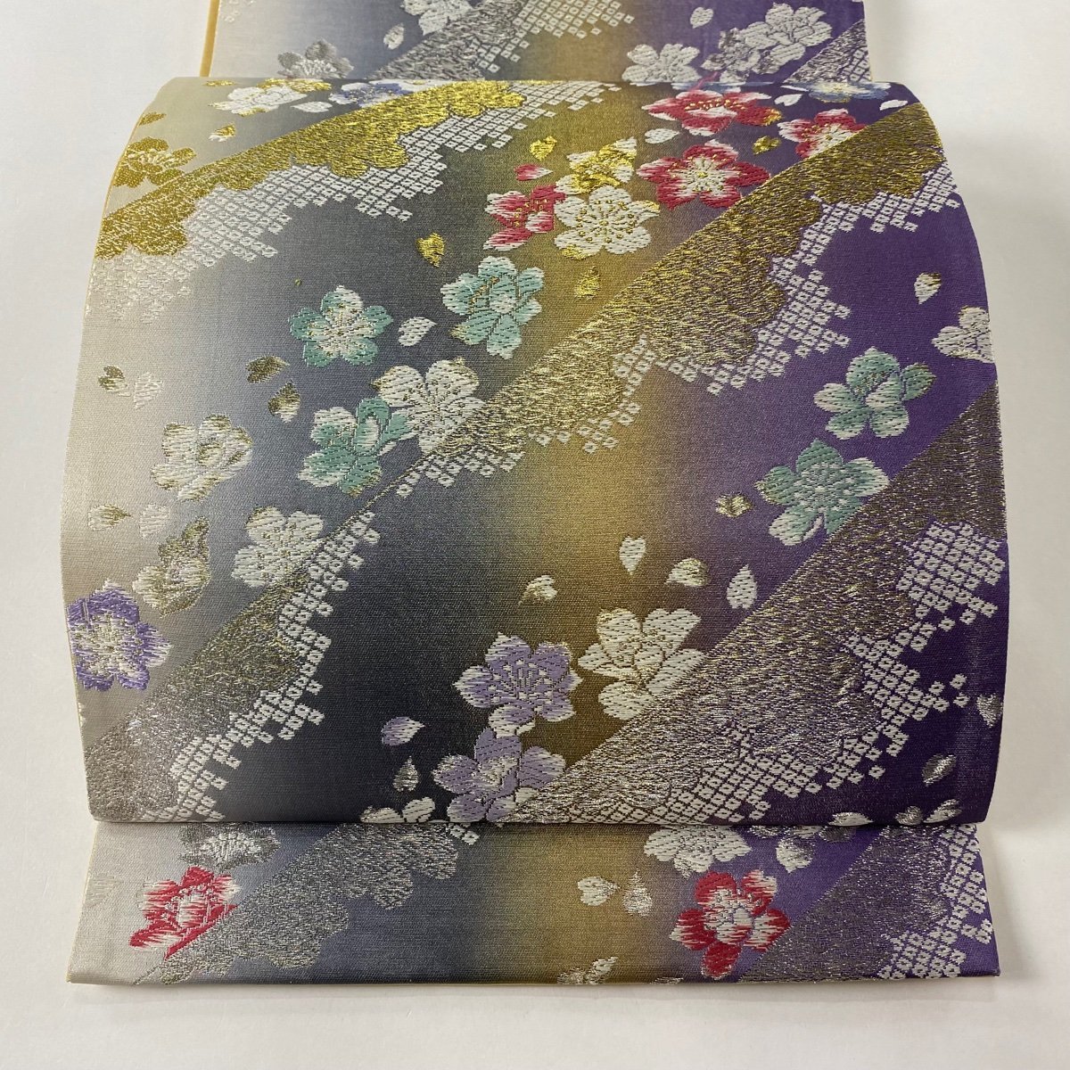 数量限定】 桜 秀品 美品 袋帯 桜の花びら 【中古】 正絹 六通 紫 金