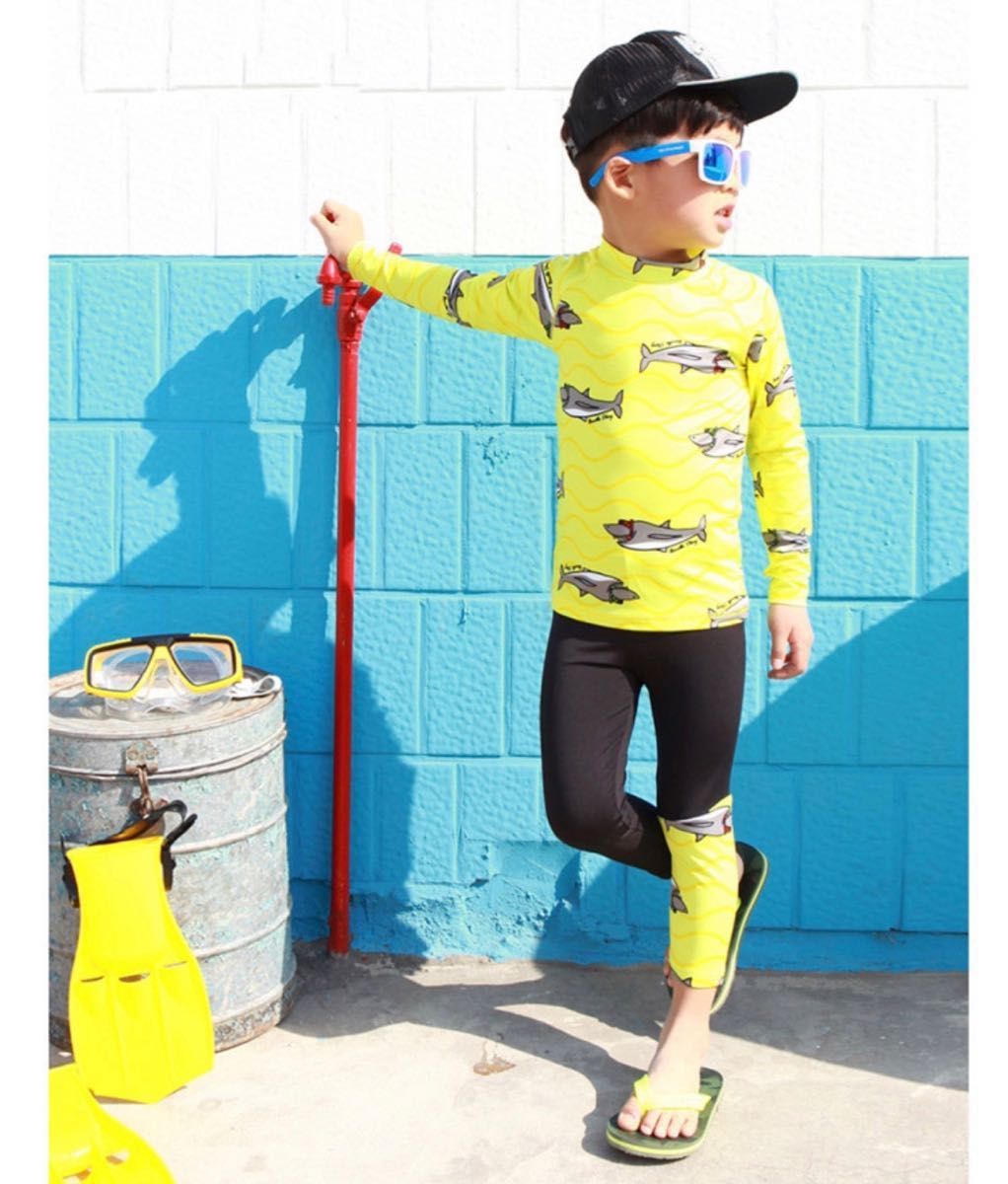 ラッシュガード 120 2点セット 黄色 サメ 水着 男の子 長袖 長ズボン プール 海幼稚園 保育園